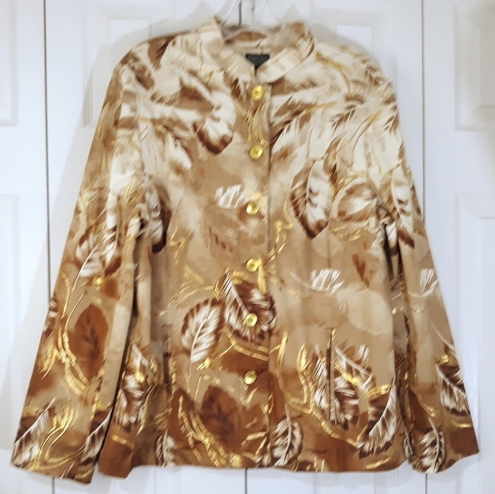 Chico's Additions Cotton Blend Leaves Long Sleeve Brown Gold Light Jacket Large